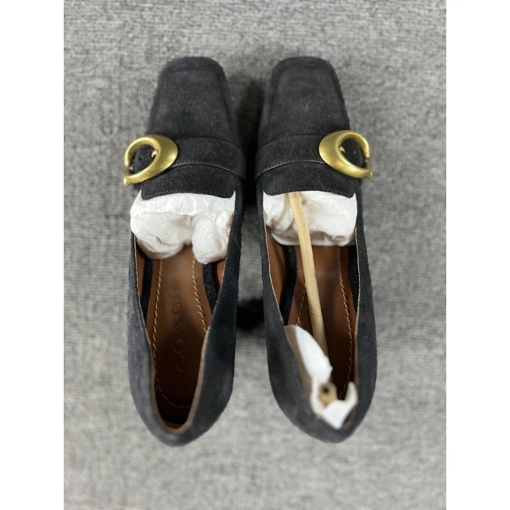 Coach Heels Womens 5 Black Suede Block Heel‎ Buckle Square Toe Pump G2391